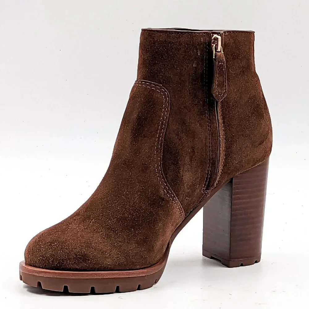 Tory Burch Women Sofia 85 Lug Sole T Logo Heeled Brown Suede Boots size 5 - Picture 9 of 11